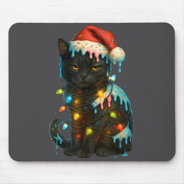 Mousepad Christmas Black Cat Ice Cream Drip Santa Hat Cute  (Frente)
