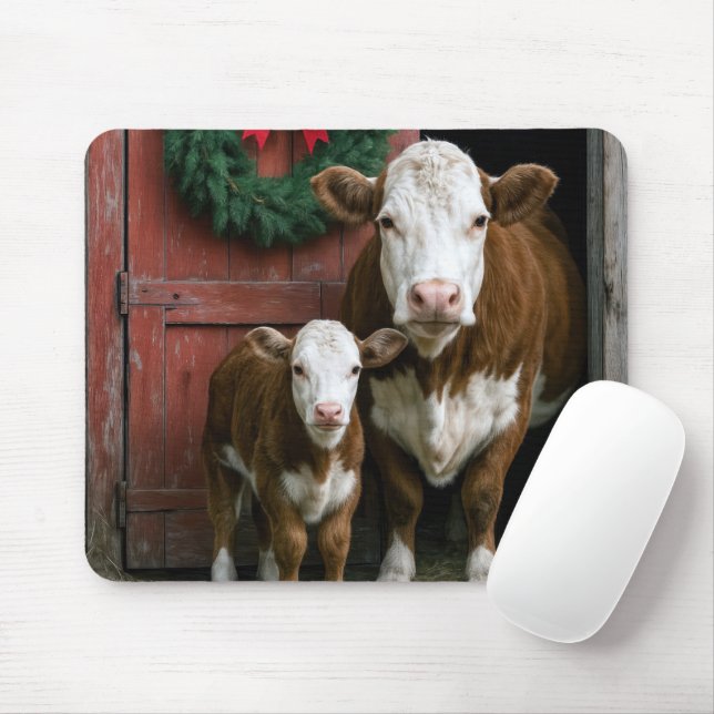 Mousepad Christmas Hereford Cow and Calf (Com mouse)