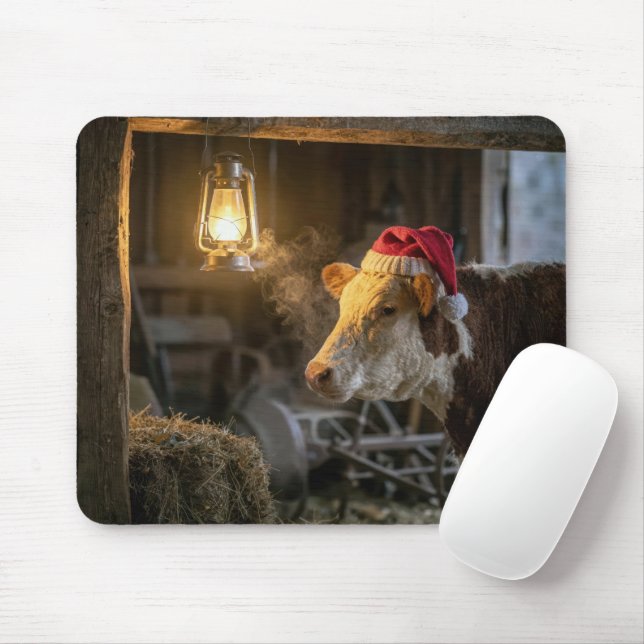 Mousepad Christmas Hereford Cow in a Barn (Com mouse)