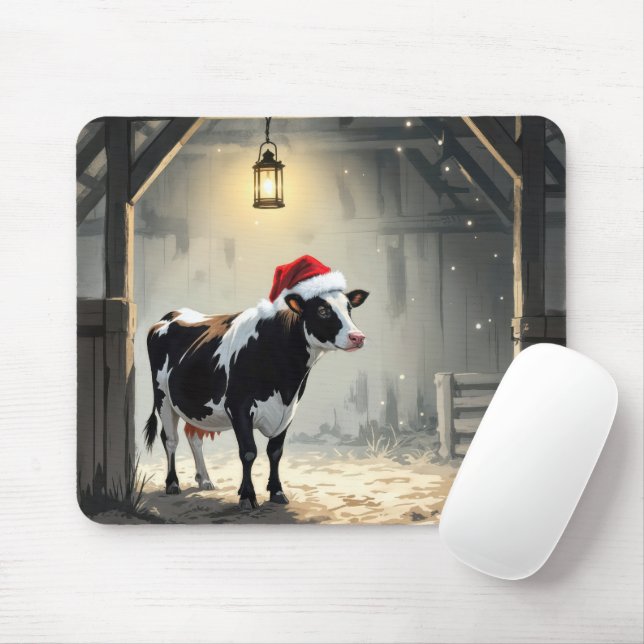 Mousepad Christmas Hereford Cow In Barn Doorway (Com mouse)