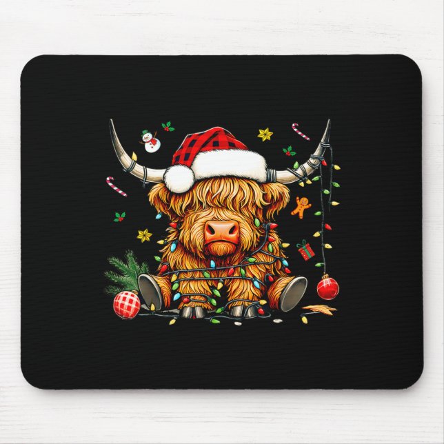 Mousepad Christmas Highland Cow Xmas Santa Hat Wooly Farm A (Frente)