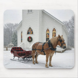 Mousepad Christmas Horse-Drawn Sleigh Waiting By a Chapel