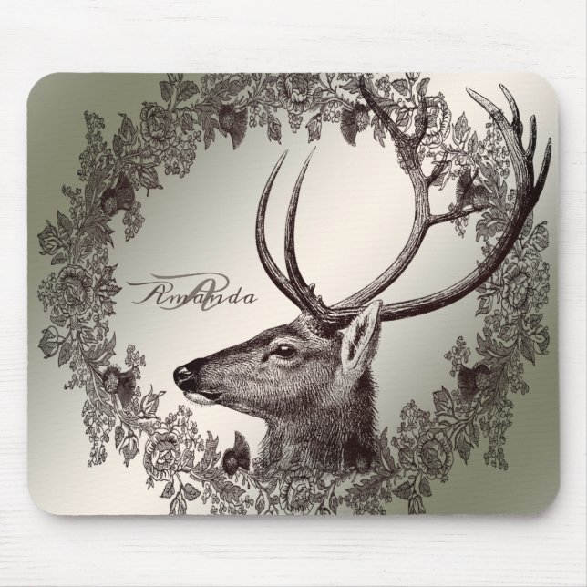 Mousepad Christmas Monogram Floral Reindeer Golden Winter (Frente)