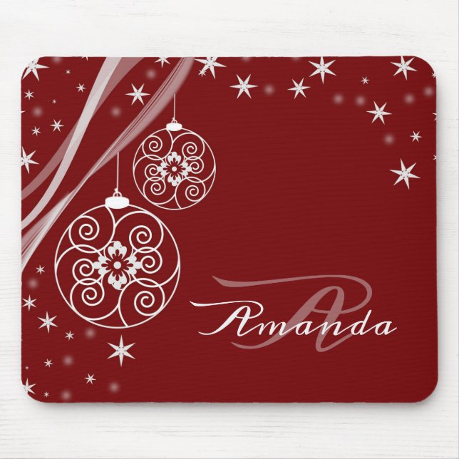 Mousepad Christmas Monogram White Ornaments Red Elegant (Frente)