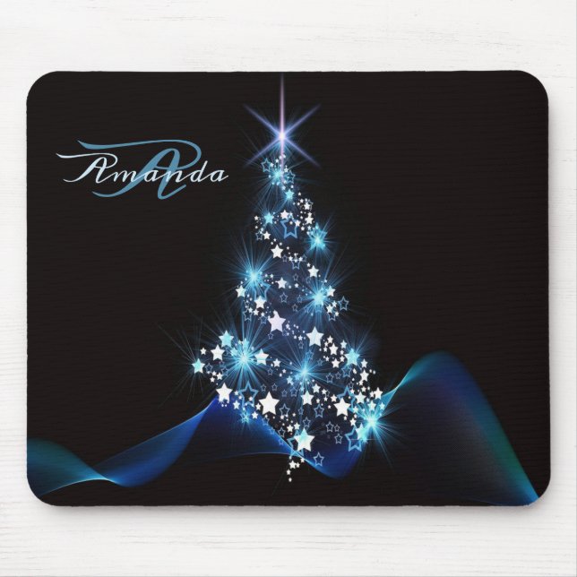 Mousepad Christmas Party Blue Tree Shiny Black Elegant (Frente)