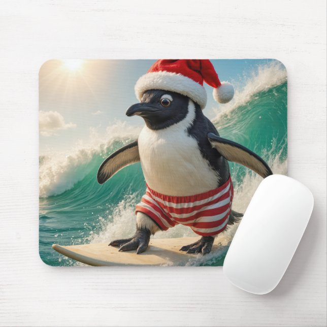 Mousepad Christmas Penguin Surfing On an Ocean Wave (Com mouse)