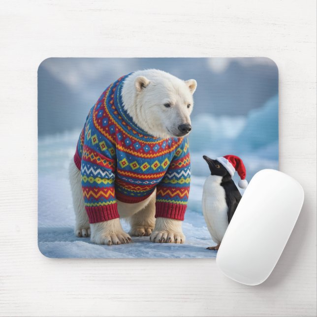 Mousepad Christmas Polar Bear and Penguin Friends (Com mouse)