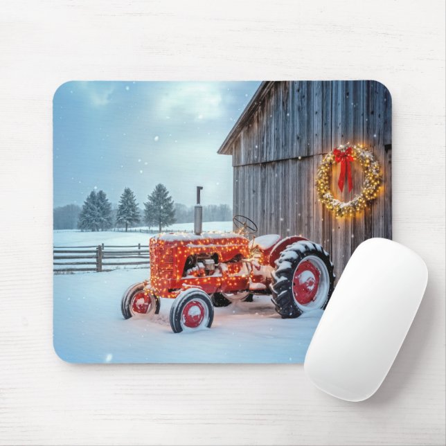 Mousepad Christmas Red Farm Tractor In Snow (Com mouse)
