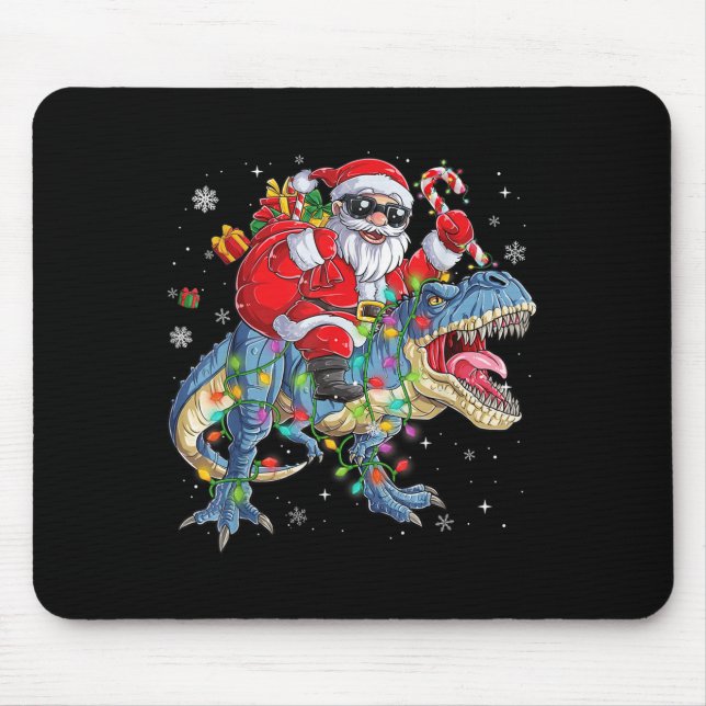 Mousepad Christmas Santa Riding Dinosaur Funny Xmas Lights  (Frente)