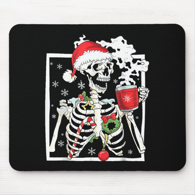 Mousepad Christmas Skeleton With Smiling Skull Drinking Cof (Frente)