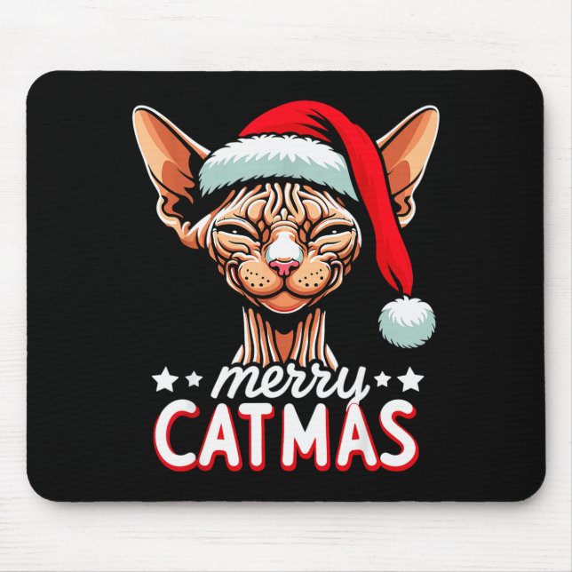 Mousepad Christmas Sphynx Cat Merry Catmas Santa Hat Xmas  (Frente)