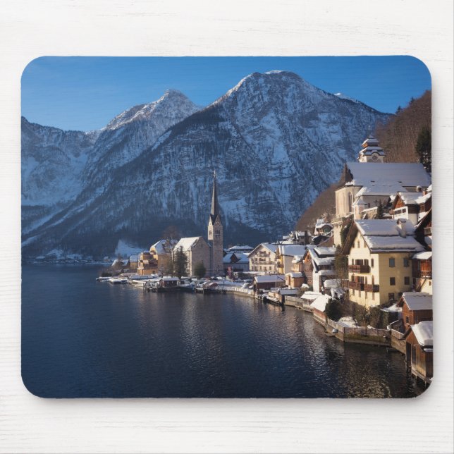 Mousepad Cidade de Hallstatt na neve no inverno (Frente)
