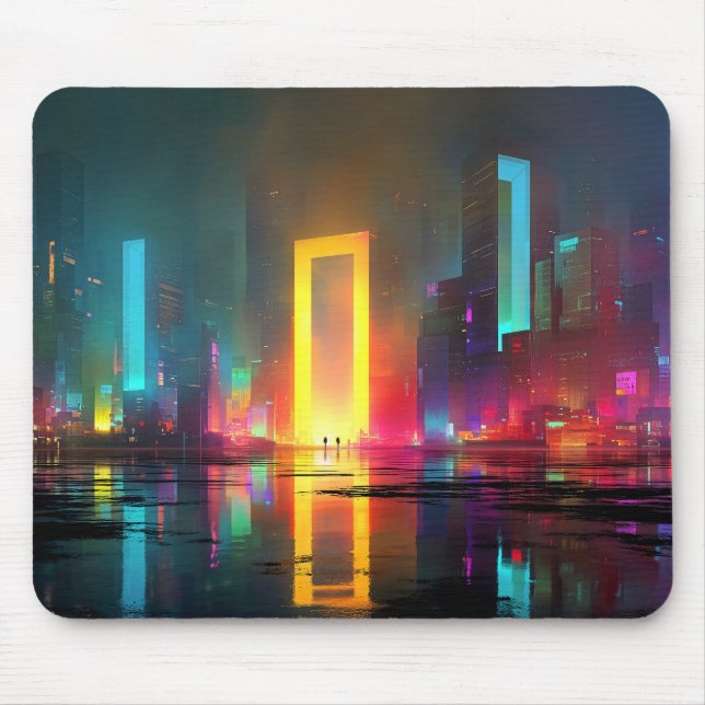 Mousepad Cidade Futurista com Portal Neon Radiante (Frente)