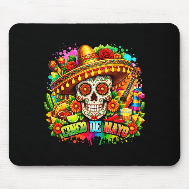 Mousepad Cinco de maio festa chapéus mexicano caveira de aç (Frente)