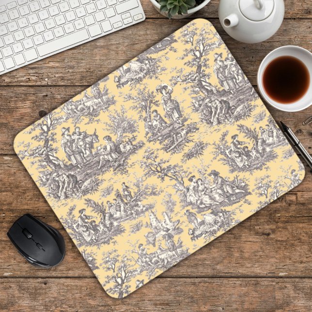 Mousepad Cinza amarela elegante toile de jouy (Criador carregado)