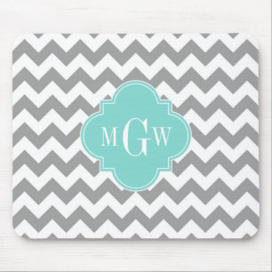 Mousepad Cinza Branco Chevron Água Quatrefoil 3 Monograma