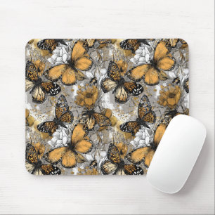 Mousepad Cinza Branco Dourado Floral Borboletas Elegante