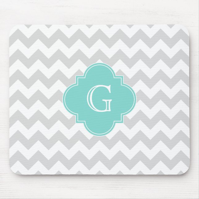 Mousepad Cinza Claro Branco Chevron Aqua Quatrefoil Monogra (Frente)