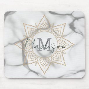 Mousepad Cinza e efeito mármore branco Dourado Monograma de