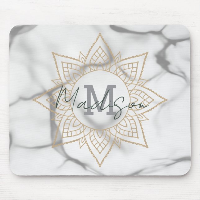 Mousepad Cinza e efeito mármore branco Dourado Monograma de (Frente)