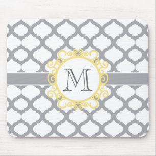 Mousepad Cinza e Padrão Amarelo marroquino com Monograma