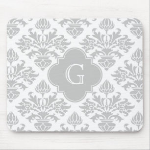 Mousepad Cinza Lg Damasco Branco Floral Nº 3 Cinza Rótulo M