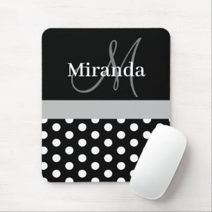Mousepad Cinza Monograma Placa de Mouse Bolinhas Branca Pre