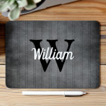 Mousepad Cinza Monograma Retroativa Pinstripe Personalizada<br><div class="desc">Este design apresenta um padrão de pinstripes pretas em uma cinza de carvão. Personalize-o com o seu monograma inicial a preto e o seu nome no guião retrô branco.</div>