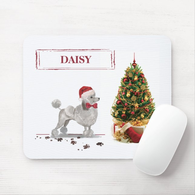Mousepad Cinza Poodle Engraçado Cachorro de Natal com Árvor (Com mouse)