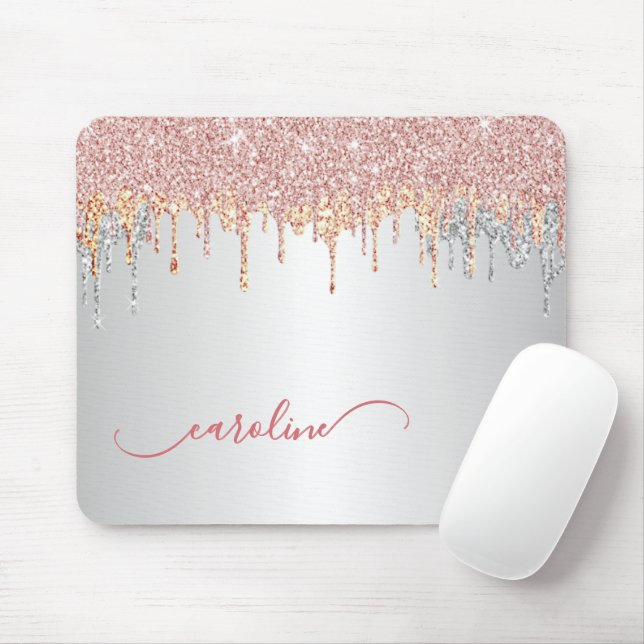 Mousepad Cinza Prateado Personalizado Rosa Dourado Brilho (Com mouse)