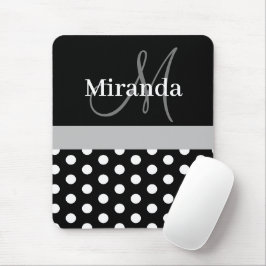 Mousepad Cinza Preto com Mouse de Monograma de Bolinhas Bra