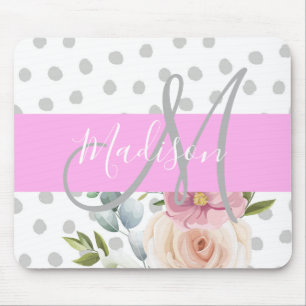 Mousepad Cinza Rosa Branco Floral Chic & Girly Nome do Mono