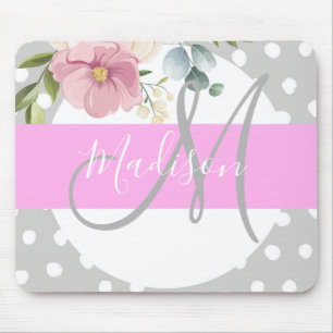 Mousepad Cinza Rosa Branco Floral Chic & Girly Nome do Mono