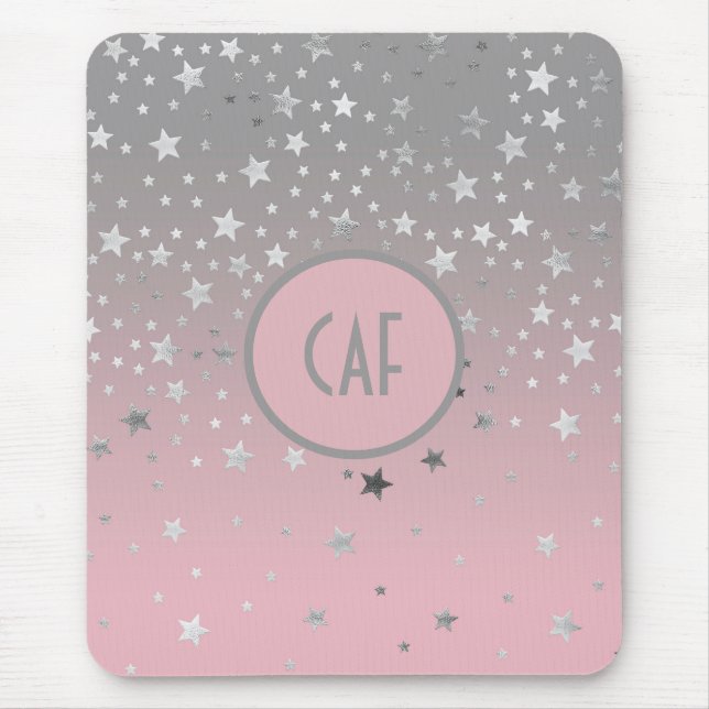 Mousepad Cinza Rosa Monograma Estrelas de Ombre Trendy (Frente)