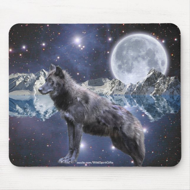 Mousepad Cinza Wolf & Moon Fantasy Art (Frente)