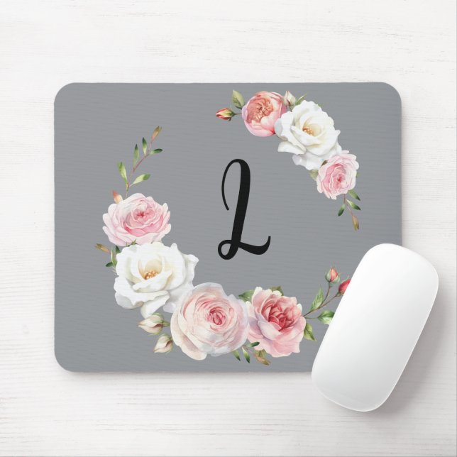 Mousepad Cinzas de Scripts Iniciais de Rosas Brancas Quadra (Com mouse)