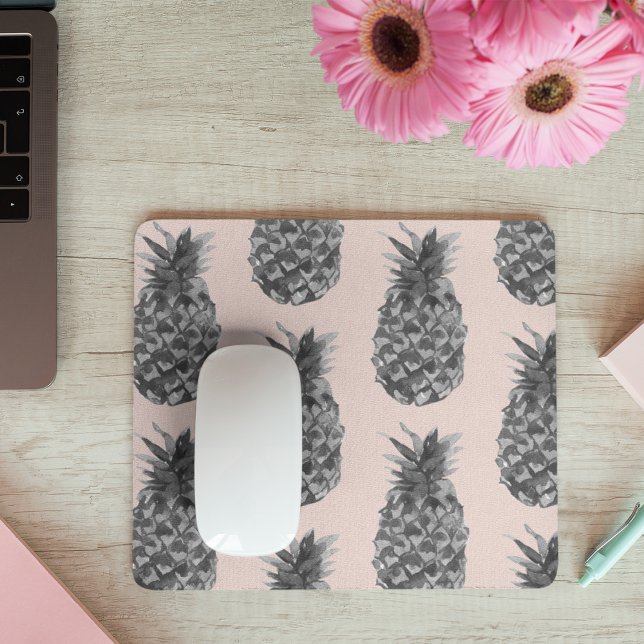 Mousepad Cinzas Tropicais e Pineanás Rosa Padrão Sem Costur (Criador carregado)