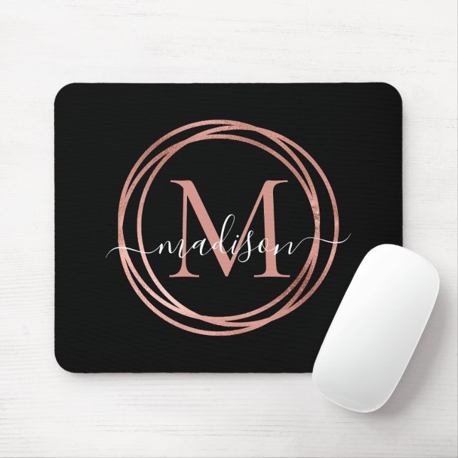 Mousepad Círculo de Monograma Rosa Cor-de-rosa com Rosa Dou (Com mouse)