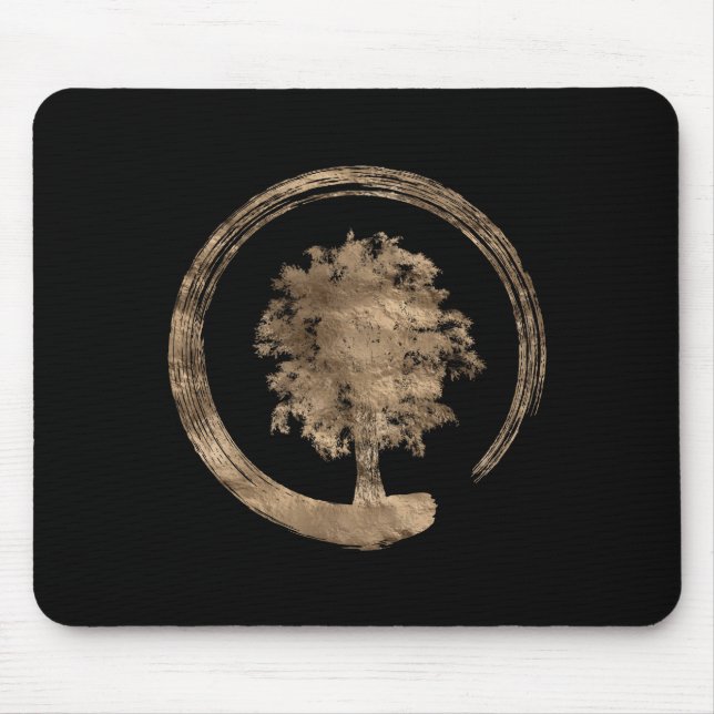 Mousepad Círculo do zen de Enso e árvore - ouro no preto (Frente)