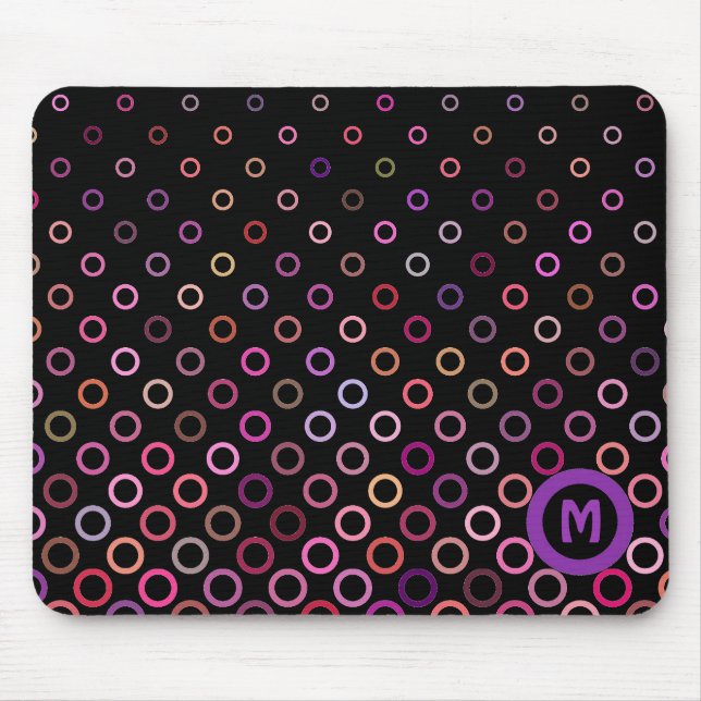 Mousepad Círculos Coloridos da Moda com Monograma em Preto (Frente)