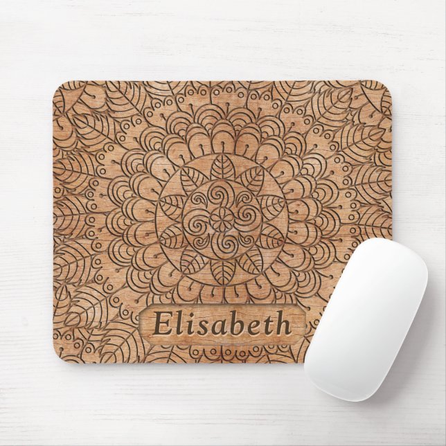 Mousepad Círculos Florais De Madeira Esculpida Mandala Pers (Com mouse)