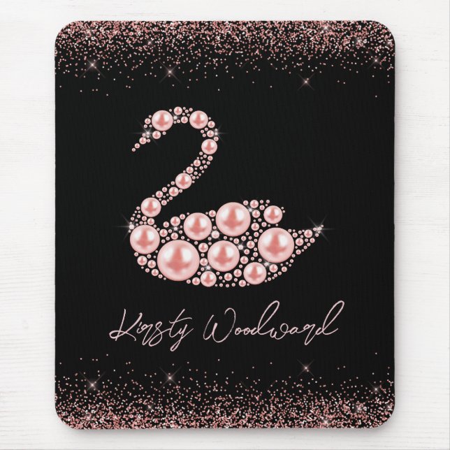 Mousepad Cisne rosa-rosa elegante em fundo preto (Frente)
