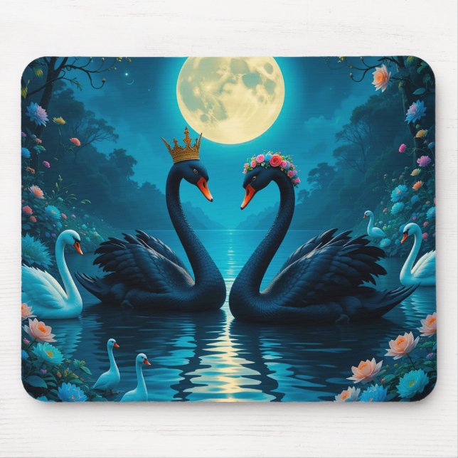 Mousepad Cisnes Negros Elegantes Sob Lua Cheia (Frente)