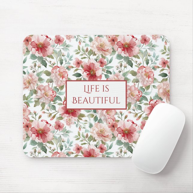 Mousepad Citação Personalizada de Flores Vermelhas Rosadas (Com mouse)