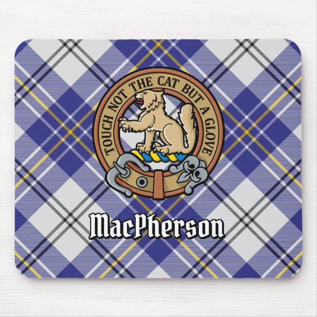 Mousepad Clan MacPherson Crest sobre Blue Dress Tartan (Frente)