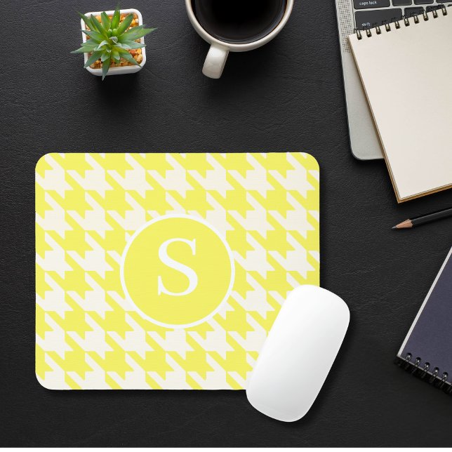 Mousepad Clássico Houndstooth Lemon Amarelo e Branco Monogr (Criador carregado)