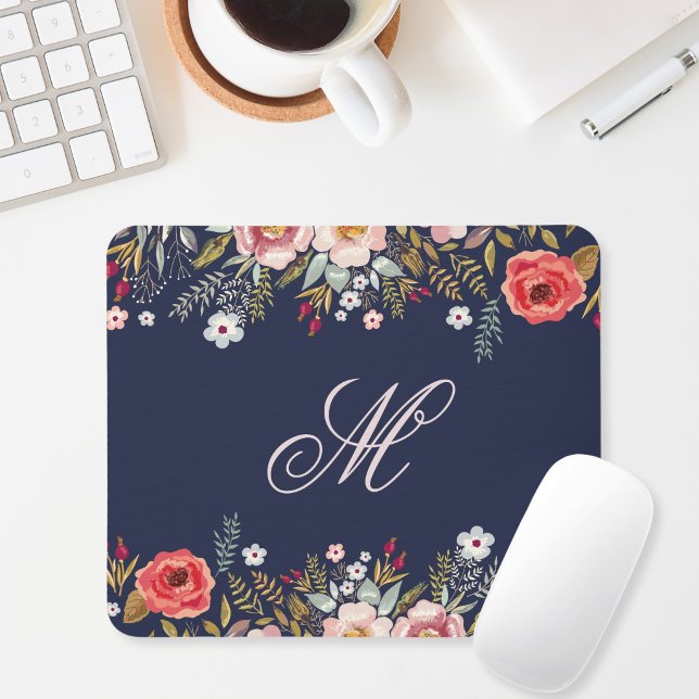 Mousepad Clássico Inicial Personalizado Floral Azul Marinho (Criador carregado)