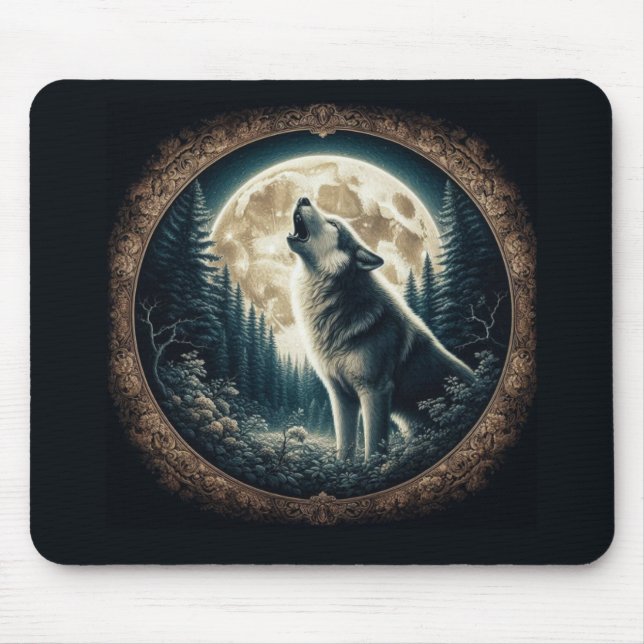 Mousepad Clássico, vintage lobo e lua (Frente)