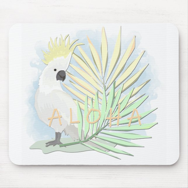 Mousepad Cocato de papagaio branco em folhas de palma. (Frente)