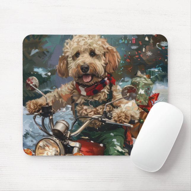 Mousepad Cockapoo Cão Andando Moto Natal (Com mouse)